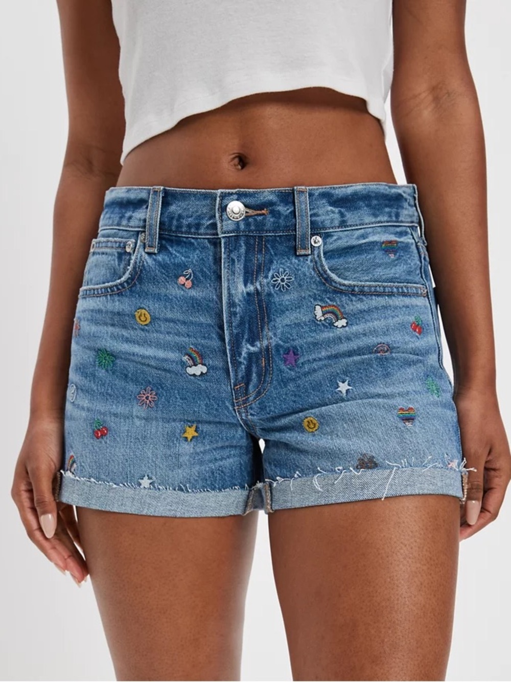 AMERICAN EAGLE OUTFITTERS Rainbow Embroidered Blue High-Rise Jeans